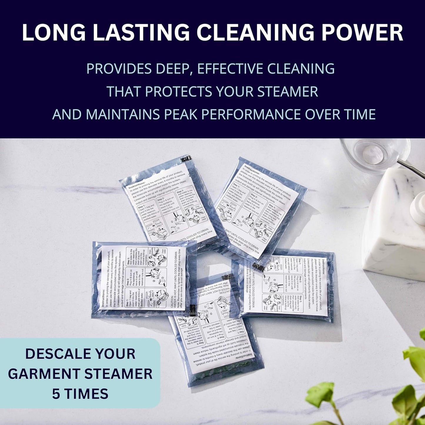 Garment Steamer Descaling Solution Decalcifier Packets for Mineral Deposits and Build-up Removal, Maintenance for Clothes, Works with all Garment Steamer Brands, Cleans Build Up, 5 packs