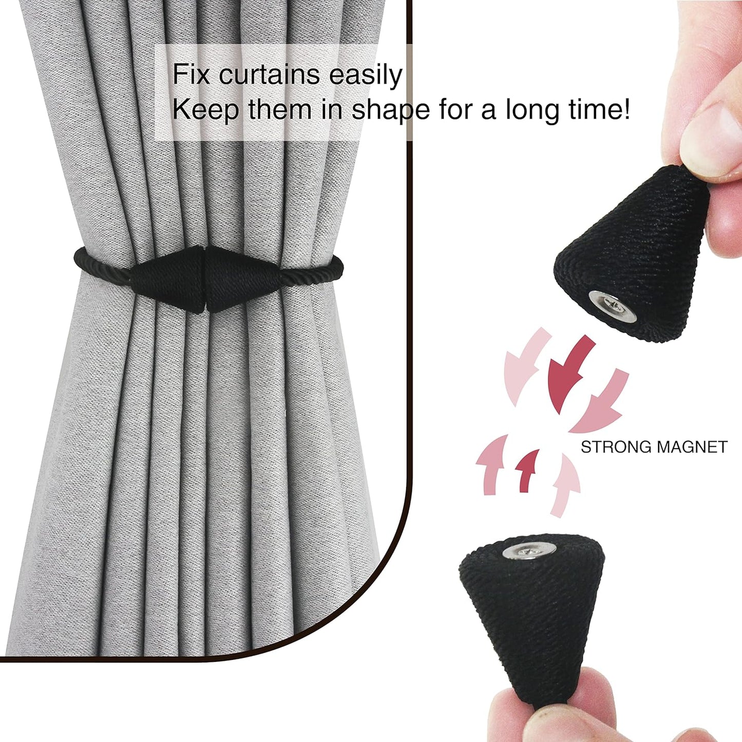 4 Pack Magnetic Curtain Tiebacks Rope Modern Handmade Curtain Tie Backs Decorative Drapes Weave Holdbacks for Window Décor, Black