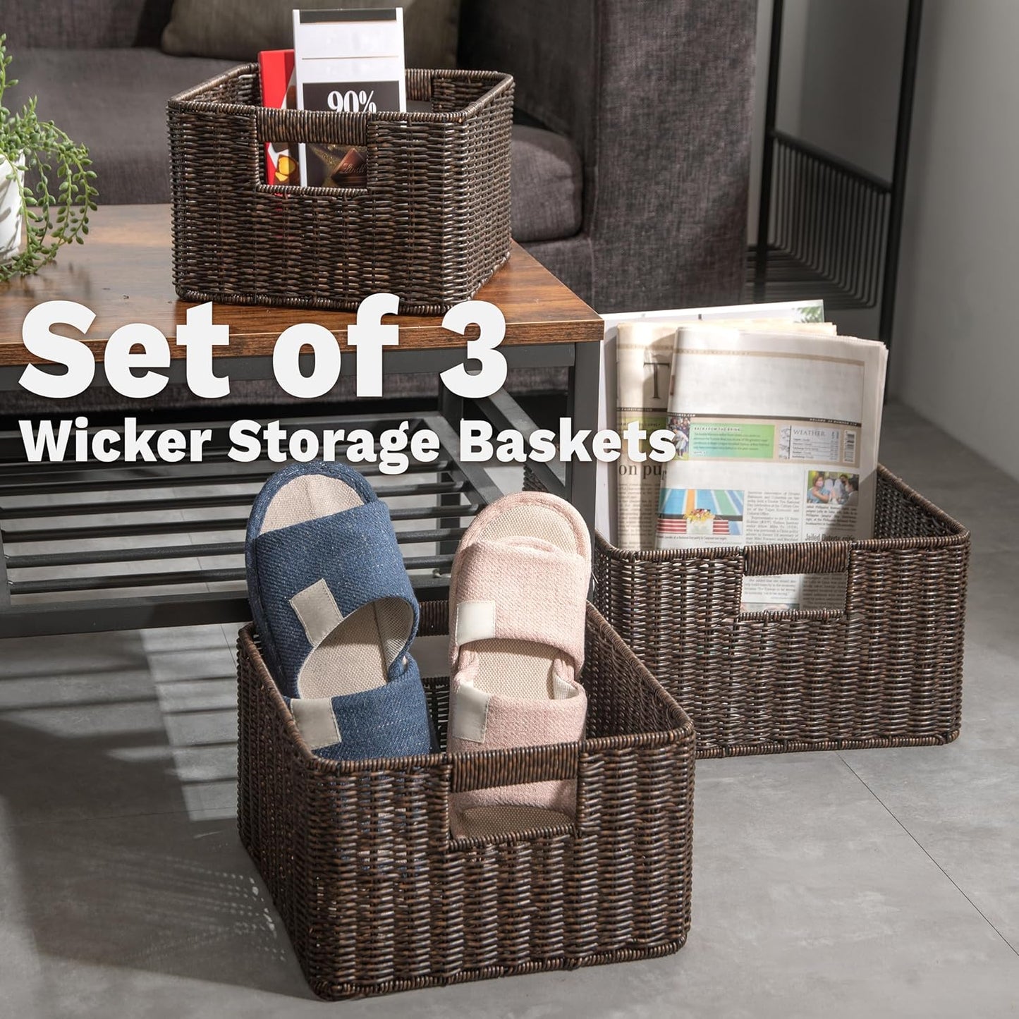 myHomeBody Wicker Storage Basket, Storage Cubes, Woven Baskets for Organizing, Resin Wicker Set of 3, Rustic Brown