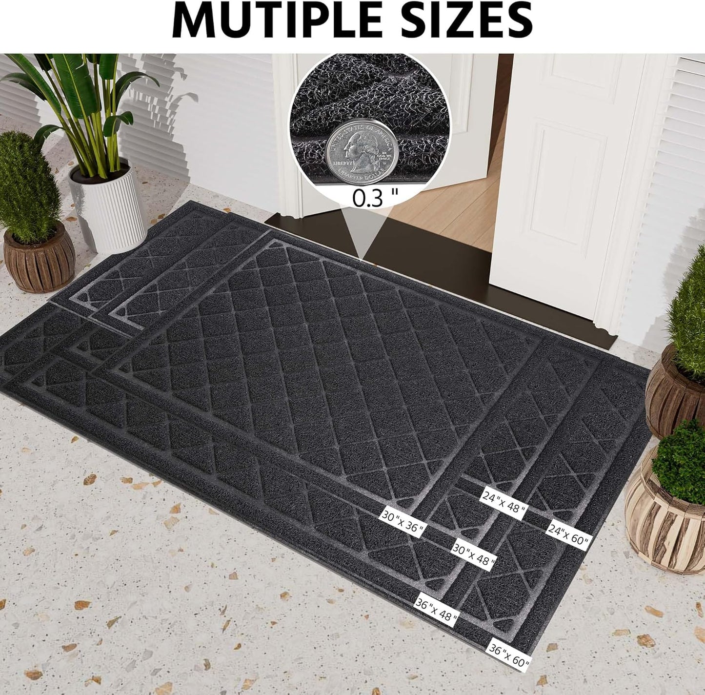 Front Door Mat Indoor Outdoor Entrance, 36" x 48" Heavy Duty All-Season All-Weather Waterproof Doormat Trap Dirt and Moisture Easy Clean Low Profile Patio Porch Entryway Mat