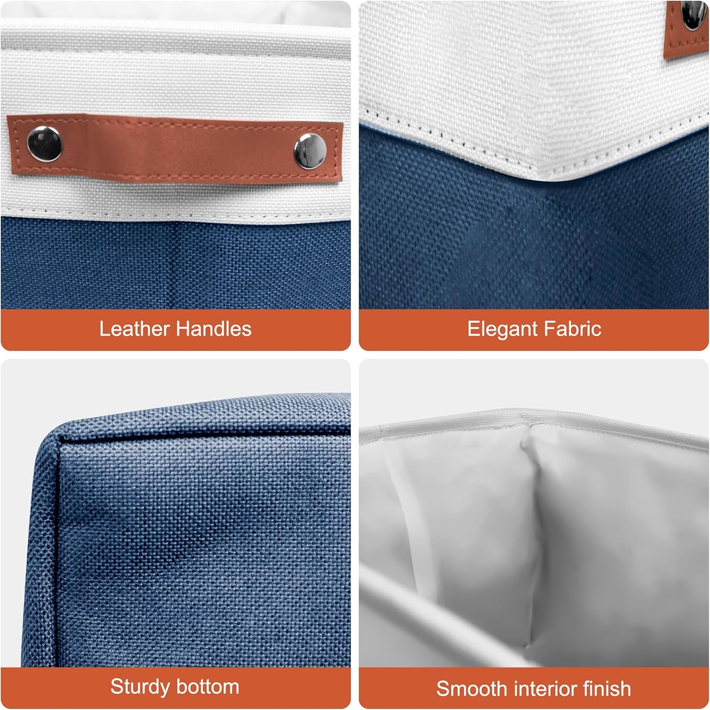 13in Open Fabric Storage Basket with Leather Handles for Organizing, Collapsible Linen Closet Bins for Shelves, Closets, Laundry, Decorative Basket for Gifts. (White＆Blue, 3PCS/13x13in)