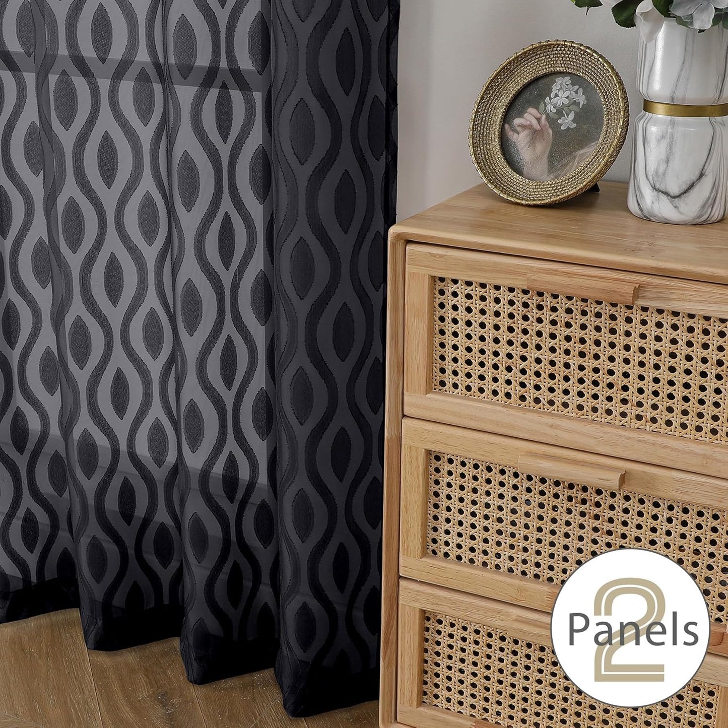 Aiyufeng Black Kitchen Curtains 14 Inch Length, Clip Jacquard Chic Wavy Line Black Valances for Windows, Lightweight Airy Rod Pocket Short Curtains for Bathroom Basement, 2 PCS, 40" Wx14 L Inches