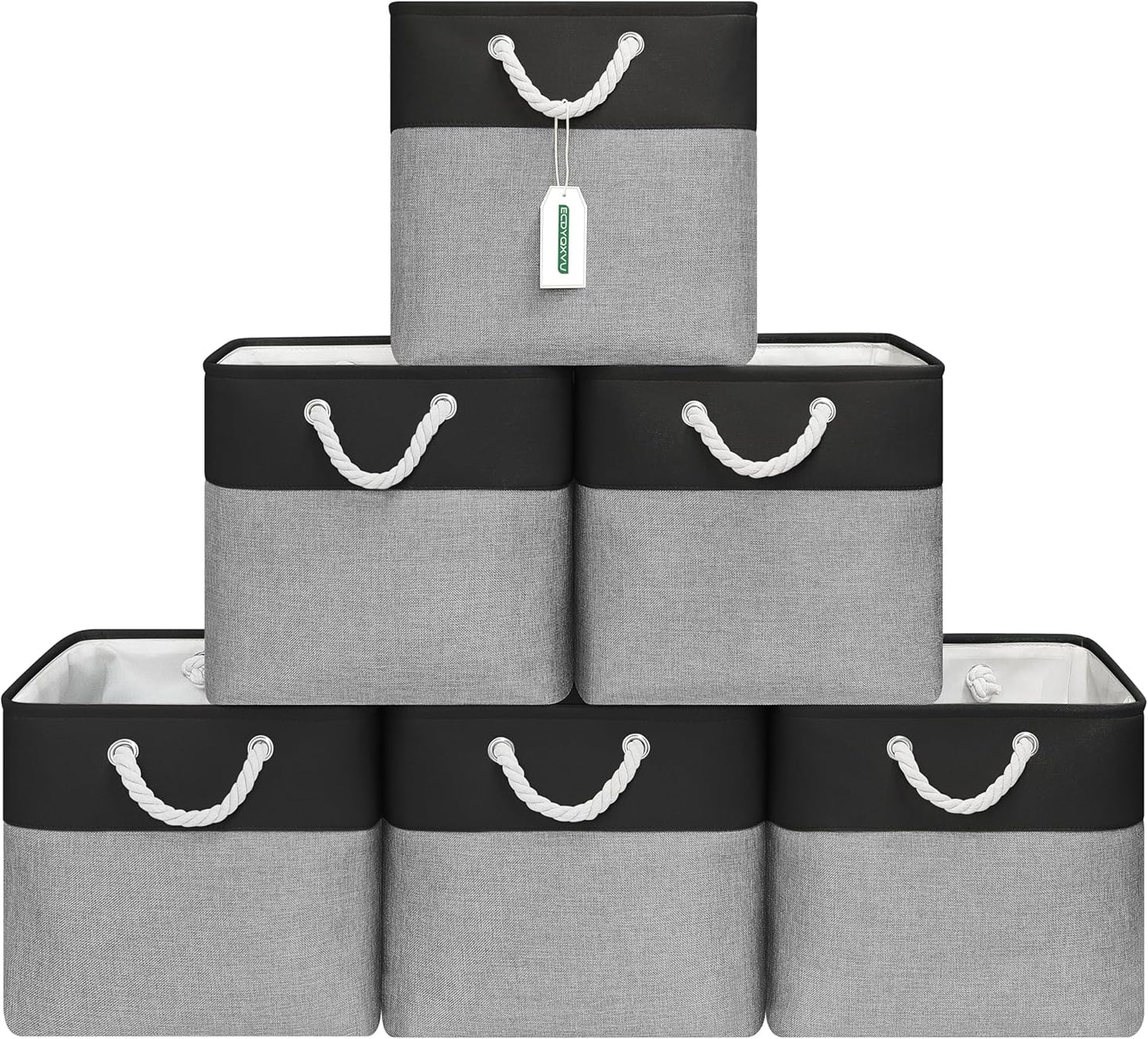 13x13 Inch Cube Storage Bins with Reinforced Bottom Cardboard, 6 Pack Large Collapsible Fabric Storage Cubes with Handles for Shelf, Closet, Toy, Laundry Organization (Black&Gray)