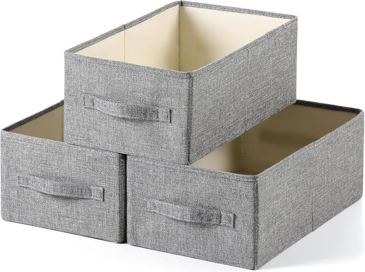 Linen Folding Storage Bins, 3 Pack Large Storage Baskets, Washable, Clothing Storage Bins with Handle, Closet Organizer for Storage Sweater,Sheets(dark grey, 16"x9½"x6¾")