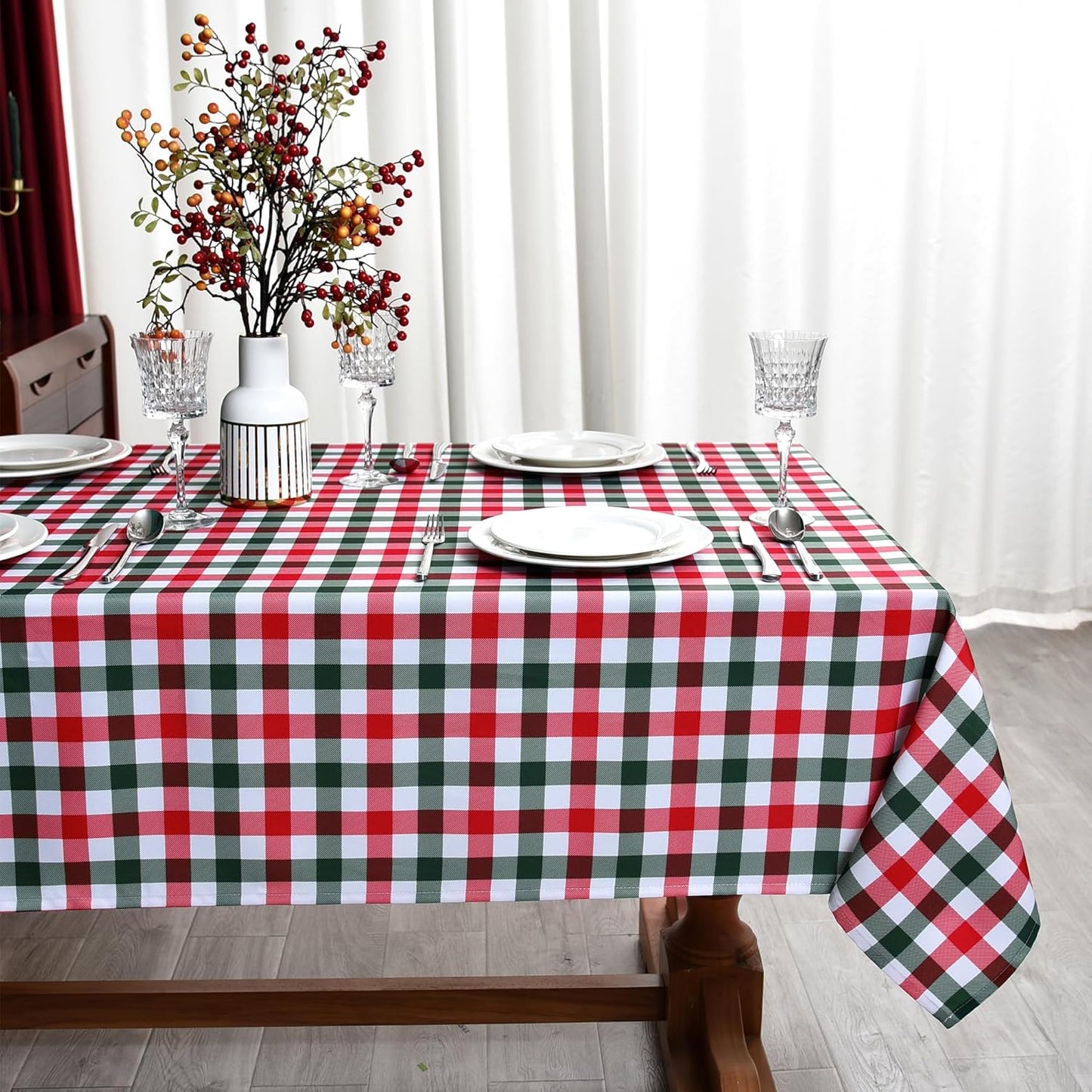 Classic Gingham Buffalo Xmas Tablecloth Fabric - Oblong 58x144 Inch Water Proof Checkered Table Cloth for Indoor Outdoor - Red Christmas Plaid Table Cover for Christmas, Holiday, New Year