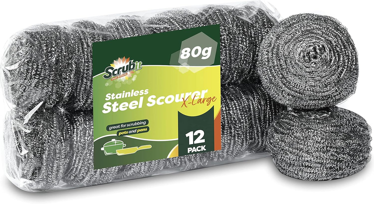 12 Pack Stainless Steel Scourers by Scrub It – Steel Wool Scrubber Pad Used for Dishes, Pots, Pans, and Ovens. Easy scouring for Tough Kitchen Cleaning. (X Large (80 gram))