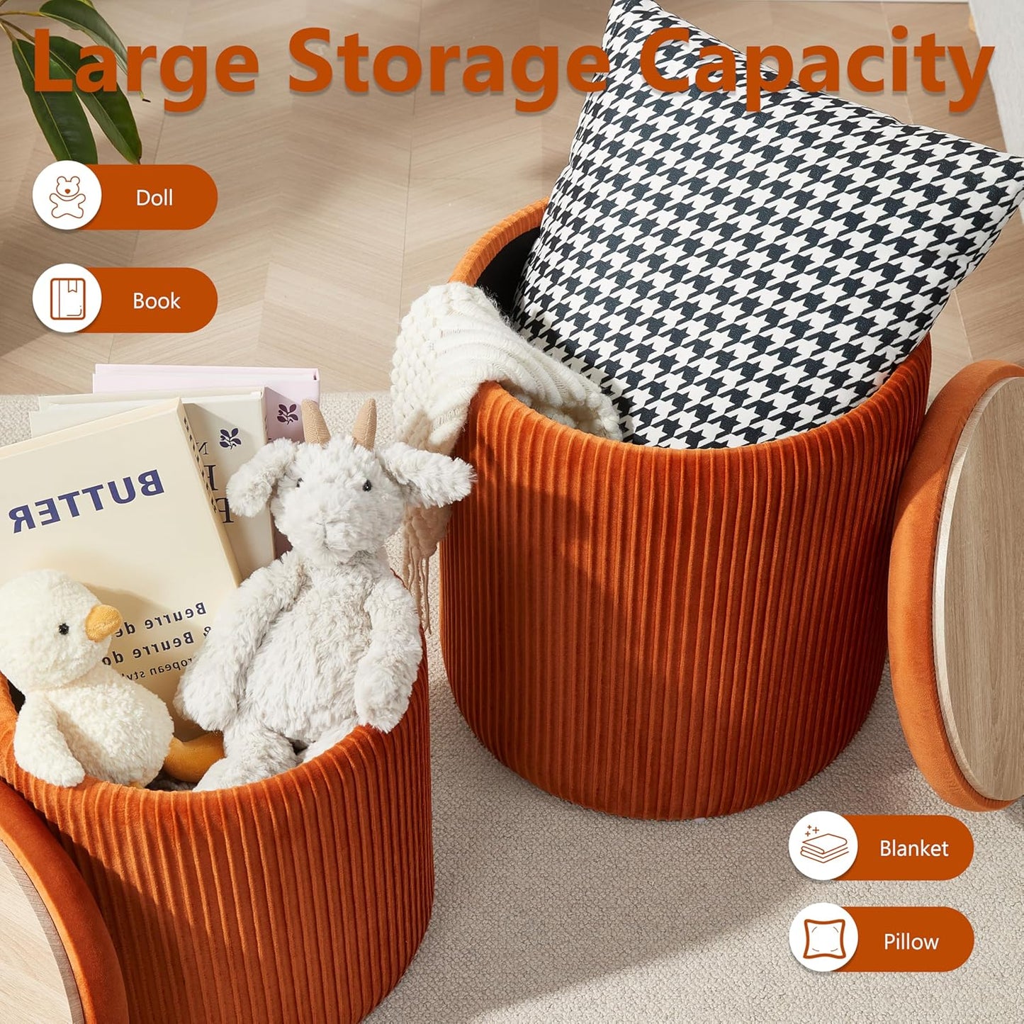 Round Ottoman with Storage Set of 2,Vanity Stool with Storage for Bedroom, Ottoman Coffee Table,Small Velvet Foot Stool for Living Room, Orange