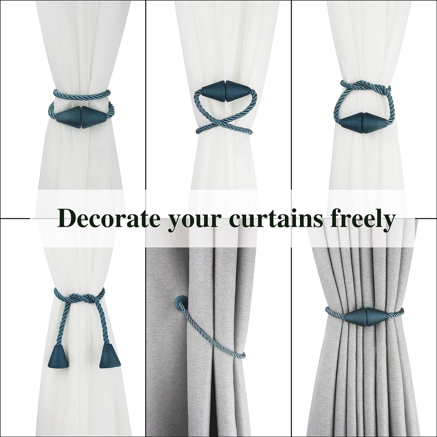 6 Pack Magnetic Curtain Tiebacks Rope Modern Handmade Curtain Tie Backs Decorative Drapes Weave Holdbacks for Window Décor, Blue