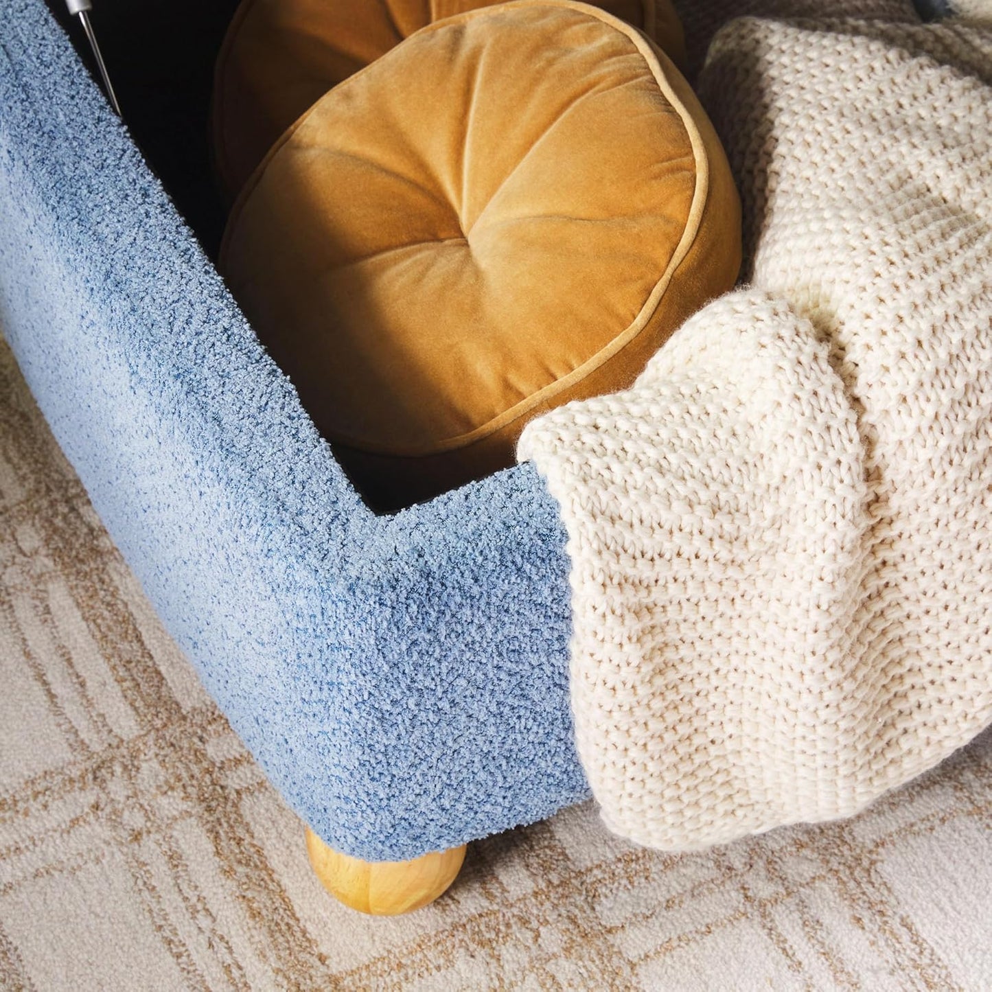 Walker Edison Linley Contemporary Large Storage Bouclé Ottoman with Wood Legs, Soft Blue