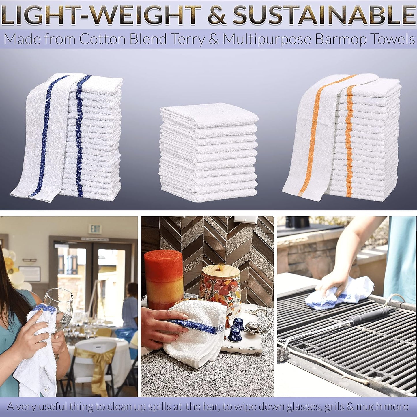 GOLD TEXTILES New Cotton Blend White Restaurant Bar Mops Kitchen Towels (36, Blue Stripe)