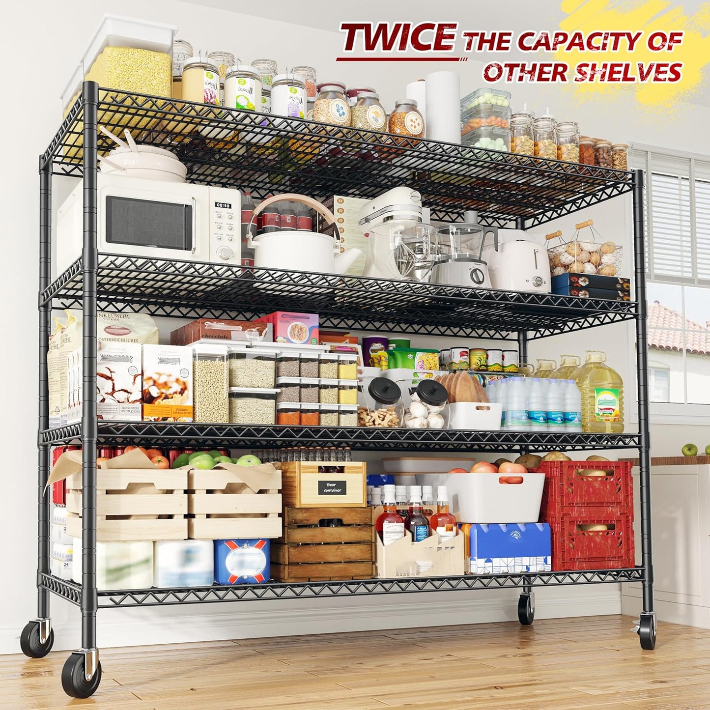 REIBII 55.5''W Storage Shelves 2500LBS Wire Shelving Rack with Wheels 75.6" H Heavy Duty Shelving Unit Adjustable Metal Shelves for Storage Rack Shelving for Kitchen Pantry 2PCS