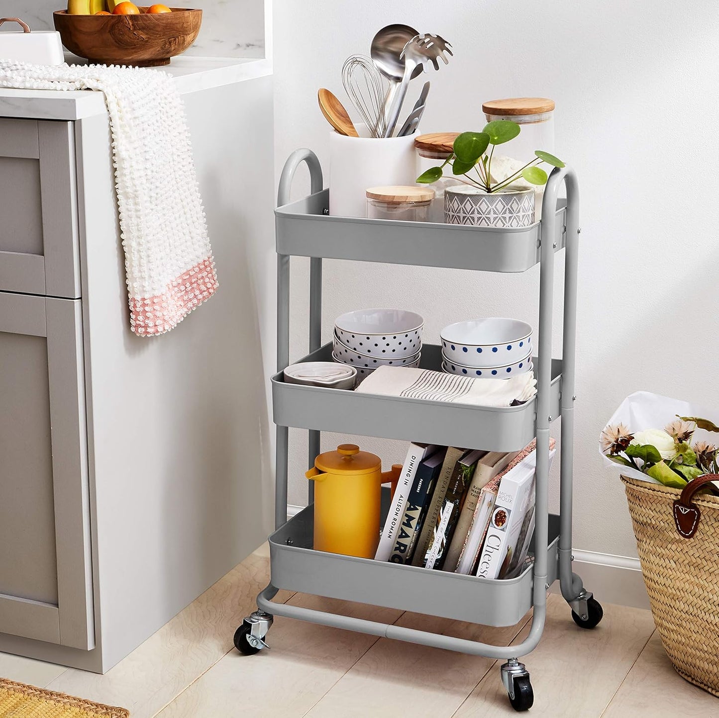 Amazon Basics 3-Tier Rolling Utility or Kitchen Cart, Lockable Wheels, Multifunctional Storage, Charcoal