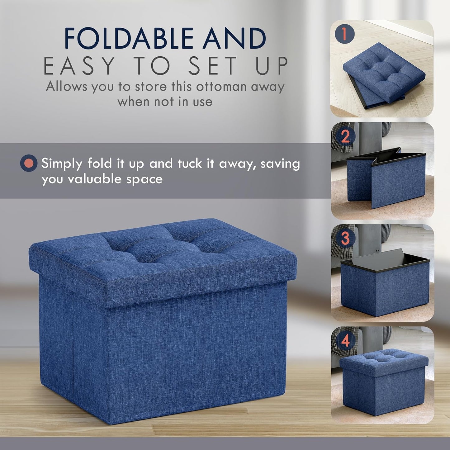 Ornavo Home Small Storage Ottoman, Set of 2, Foldable Collapsible Rectangle Linen Ottoman Foot Rest Stool Seat, for Living Room, Bedroom, Home Office, Dorm - 12 x 16 x 12, Navy Blue