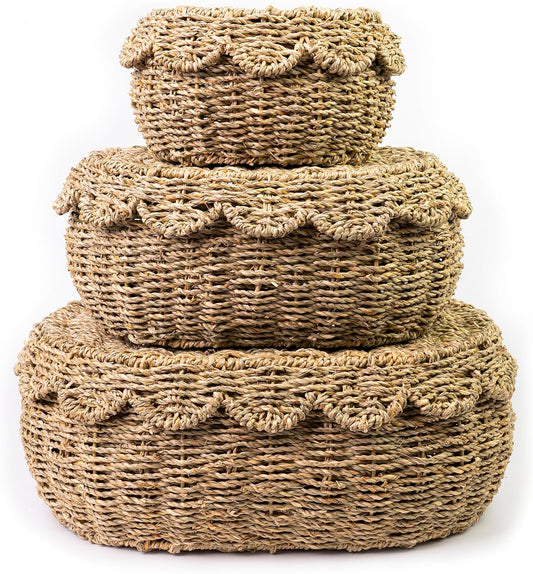 KOLWOVEN Set of 3 Wicker Storage Baskets with Lid - Decorative Handwoven Rattan Baskets for Organizing, Small Hyacinth Storage Boxes with Scalloped Edges, Natural Woven Storage Bins with Lids
