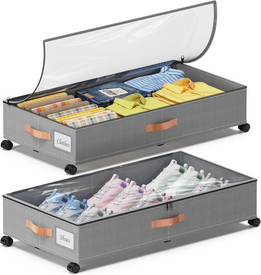 Under Bed Storage with Wheels, 2-Pack Under Bed Storage Containers with Clear Lids, XXL 65L Under the bed storage Organizer Bins, Rolling Under Bed Metal Drawer for Clothes,Shoes,Toys (Gray, 2-Pack)