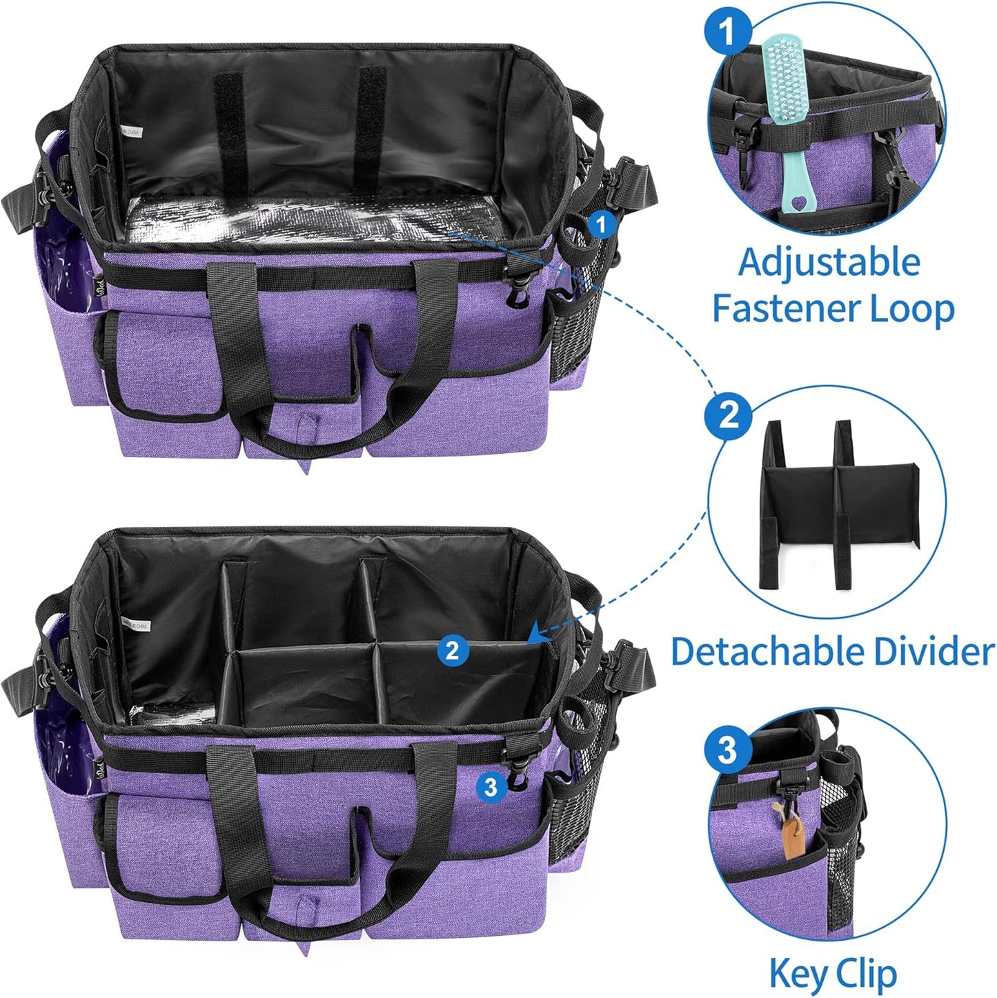LoDrid Large Wearable Cleaning Caddy Bag with Detachable Divider, Cleaning Supply Tote Organizer with Handles and Adjustable Shoulder Strap for Cleaners & Housekeepers, Purple