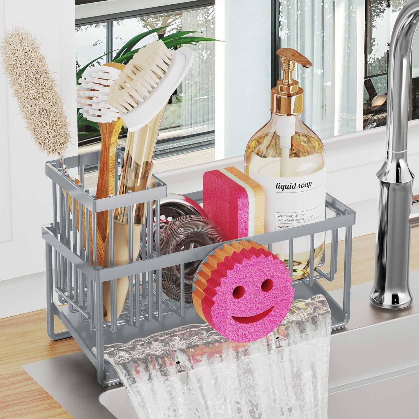 Sponge Holder for Kitchen Sink,Smiley Face Sink Caddy with Removable Brush Holder,Self-Draining Sponge Caddy for Soap,Dish Brush,Scrubber,Kitchen Essentials and Gadgets-Gray