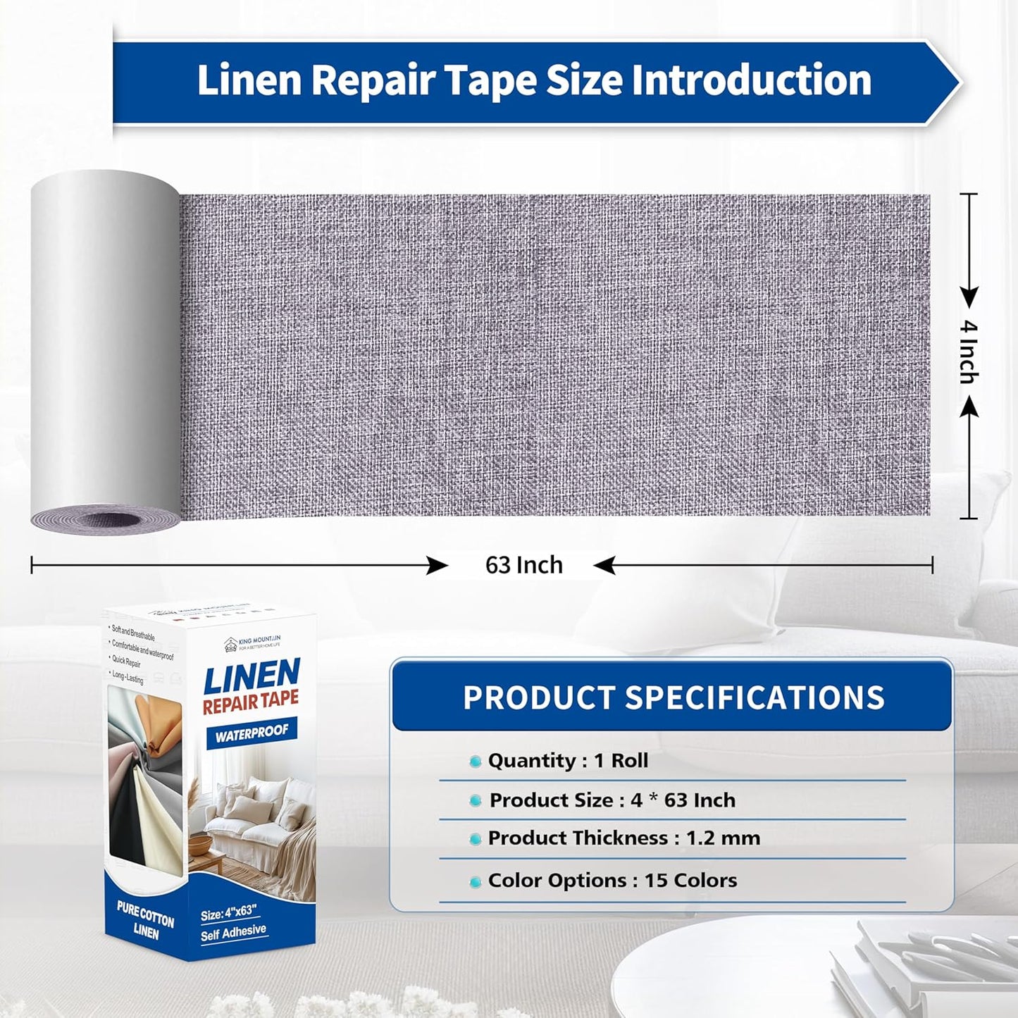 KING MOUNTAIN Linen Repair Patches, Self-Adhesive Linen Fabric Patches, 4 X 63 inch Extra Size, Multi Color, Can be Used for Linen Sofa Repair and Linen Clothes Repair (Light Grey)