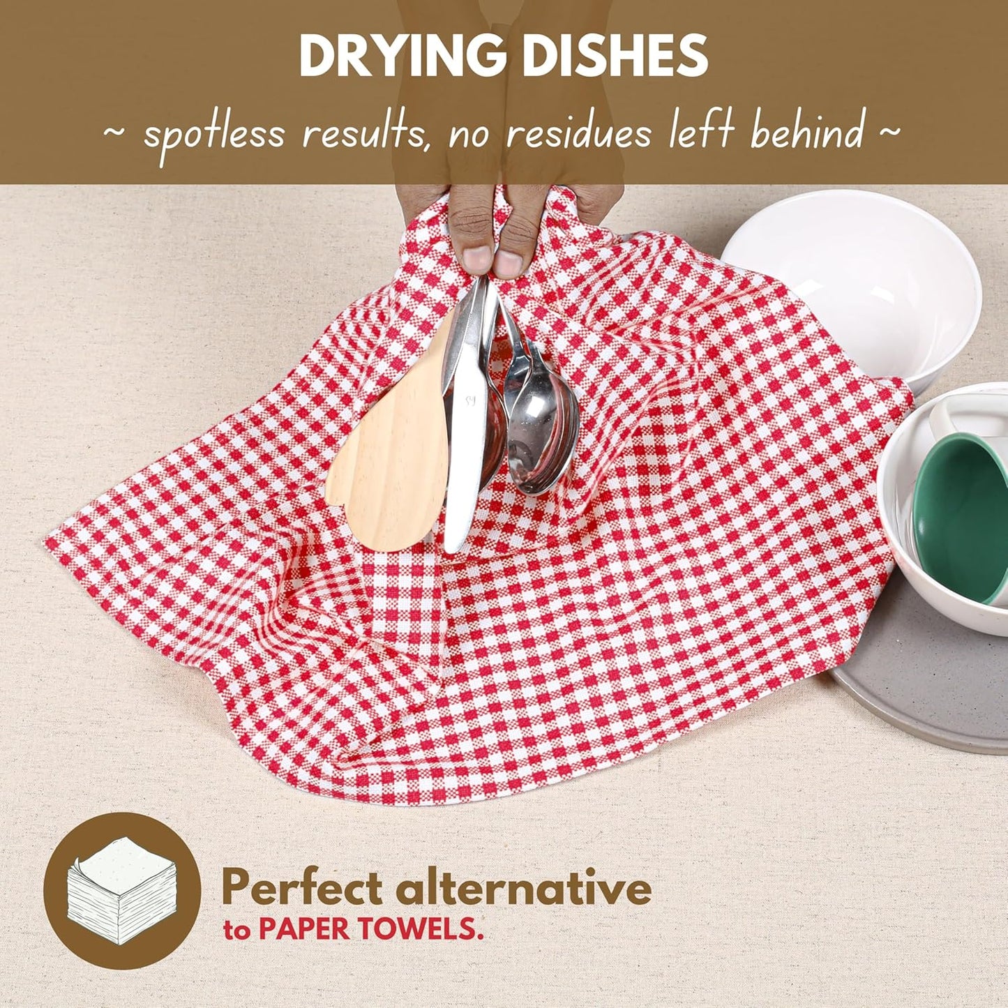 Native Fab 12 Pack Gingham Check Kitchen Towels 16"x26" - Mini Plaid Cotton Dish Towels Washable - Absorbent Tea Towel, Soft Hand Towel with Hanging Loop, Dish Cloth Set - Red White