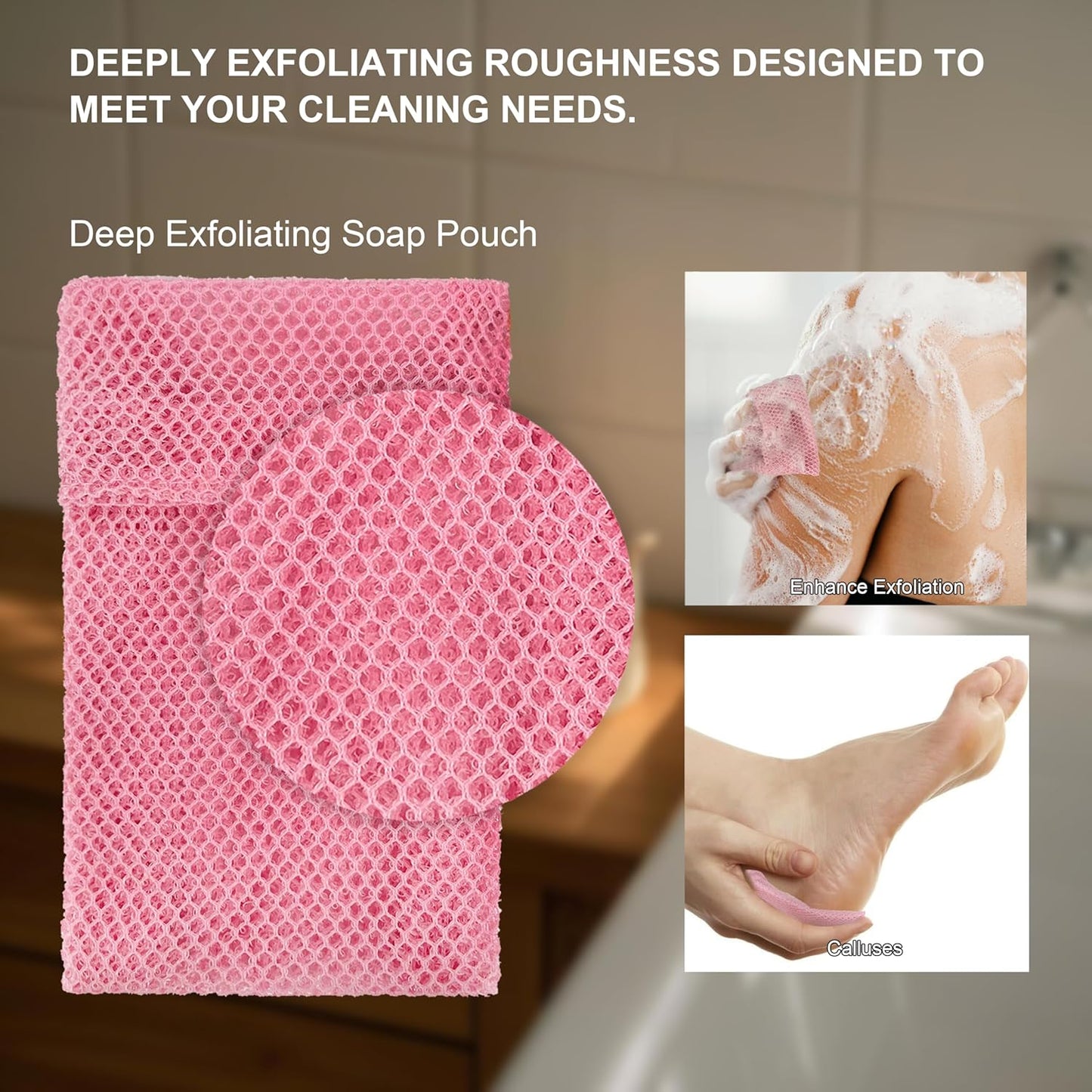 2 Pack Soap Bag Deep Roughness,Bar Soap Pouch Saver Pocket,Body Scrubber Shower Sponge Loofah,Exfoliating Bath Sponge (Pink)