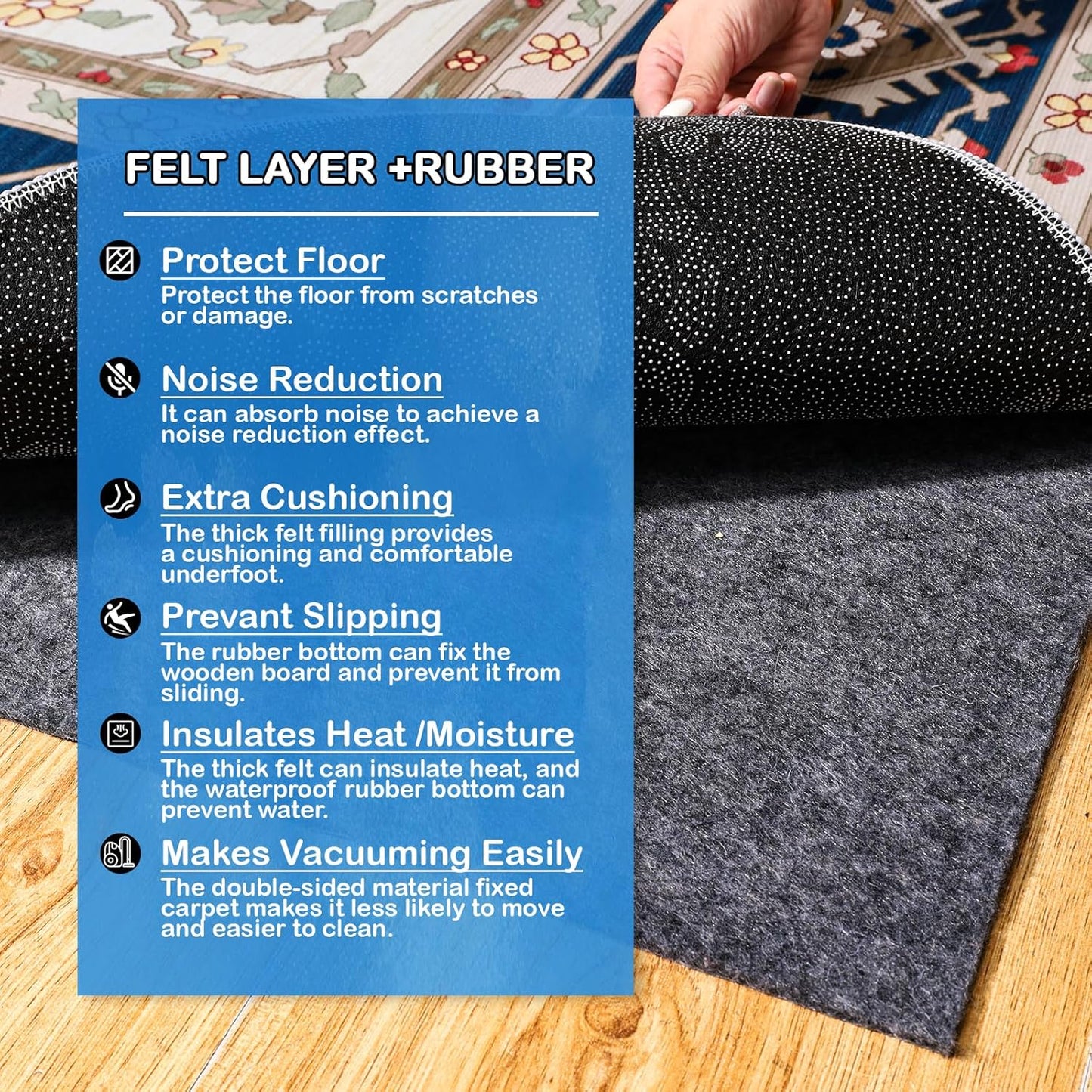 Non-Slip Rug Pads 1/4” Thick, 2x20Ft Waterproof Rugs Non Skid Rug Pad for All Floors and Finishes Durable Hardwood Floor Protective Felt Keeps Rugs in Place, Safe and Secure