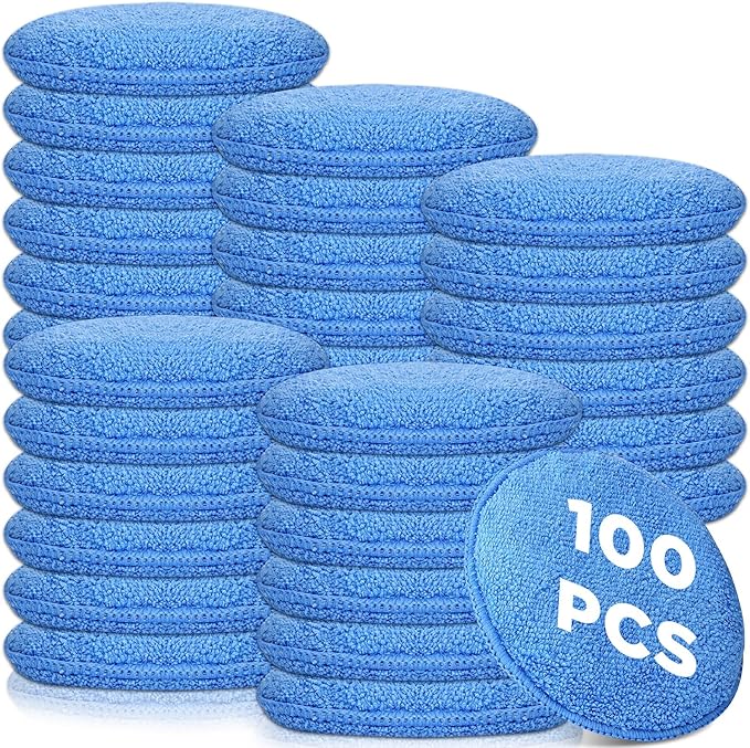Tanlade 100 Pcs Car Detailing Microfiber Applicator Pad Wax Applicator Wash Microfiber Pads, 5 Inch Diameter (Blue)