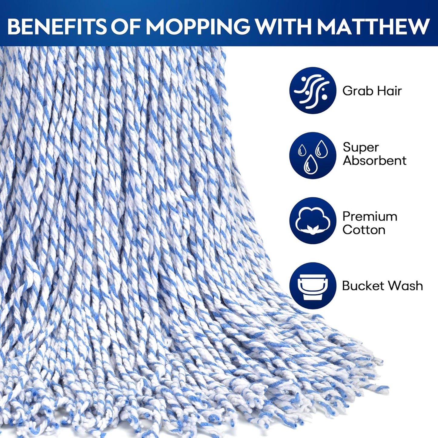 Matthew Cleaning Looped-Open Cotton Wet Mop 1.25'' Universal Headband Heavy Duty Commercial Mop Head Replacement for Indoor&Outdoor Use,Grease Stain Floor Cleaning String Mop Head Refill Pack of 12