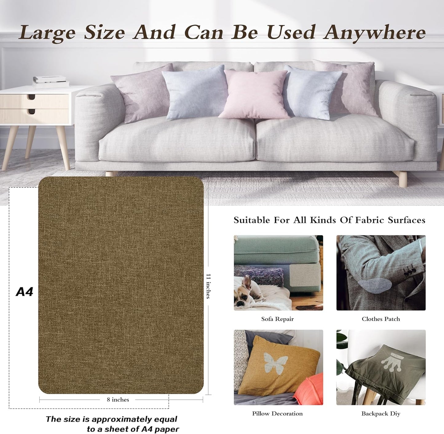 Fine Linen Fabric Patches, Self-Adhesive, 8x11 inch Extra Size, Multi Color, for Sofa and Clothes Repair (Brown)