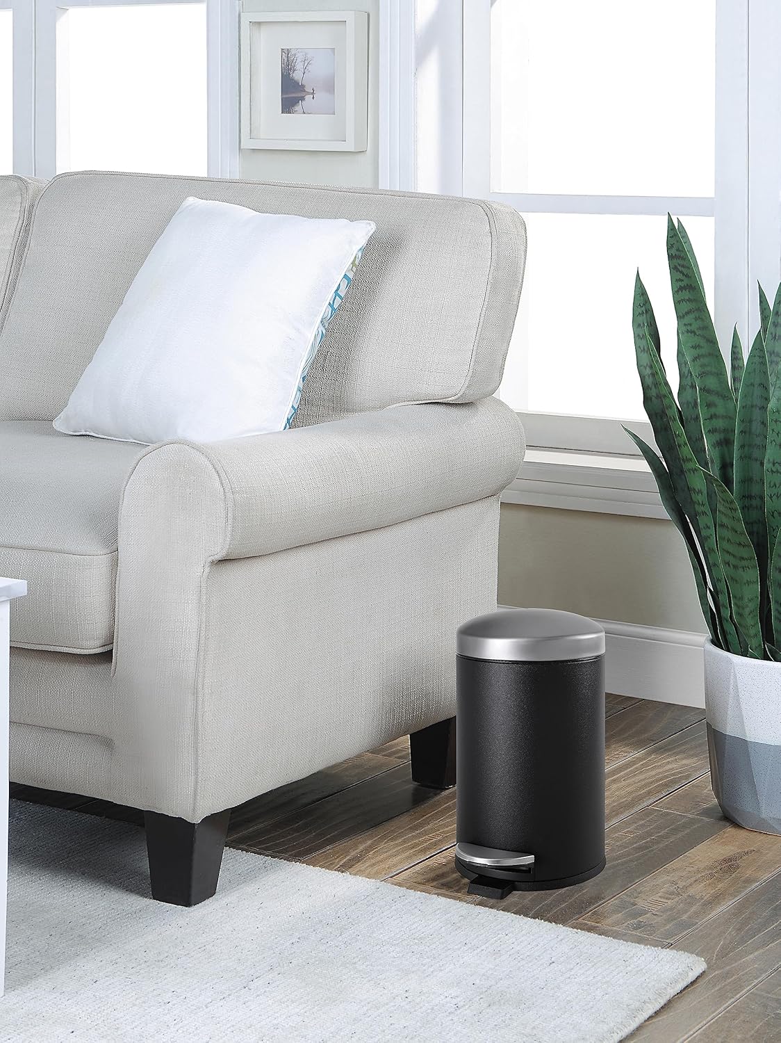 SunnyPoint 4.5 Liter(1.2 Gallon) Round Trash Can with Plastic Inner Bucket; Bathroom, Office, Kitchen and Bedroom Step On and Slow Close (BLK+SN)