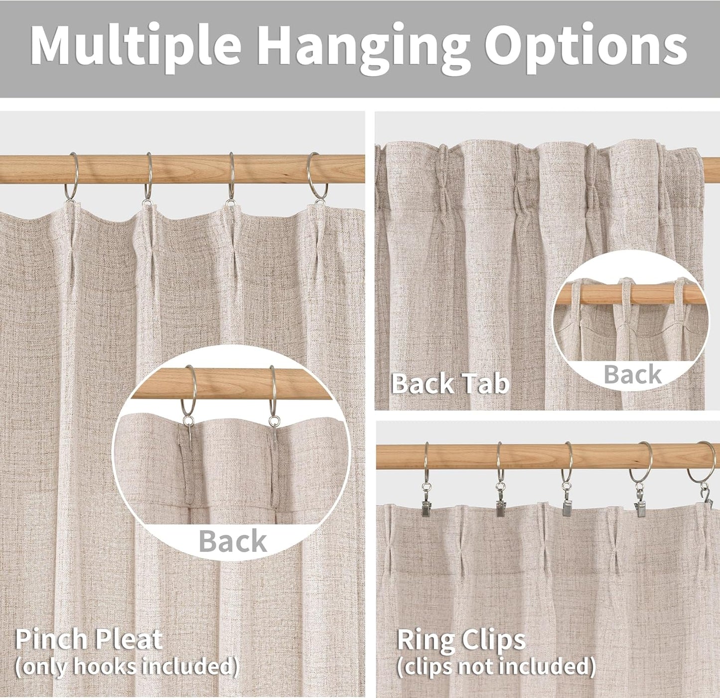 YoungsTex Short Natural Linen Curtains 45 Inch Length 2 Panels Pinch Pleated Light Filtering Textured Window Drapes for Bedroom Kitchen Cafe Privacy Back Tab, 40 X 45 Inch