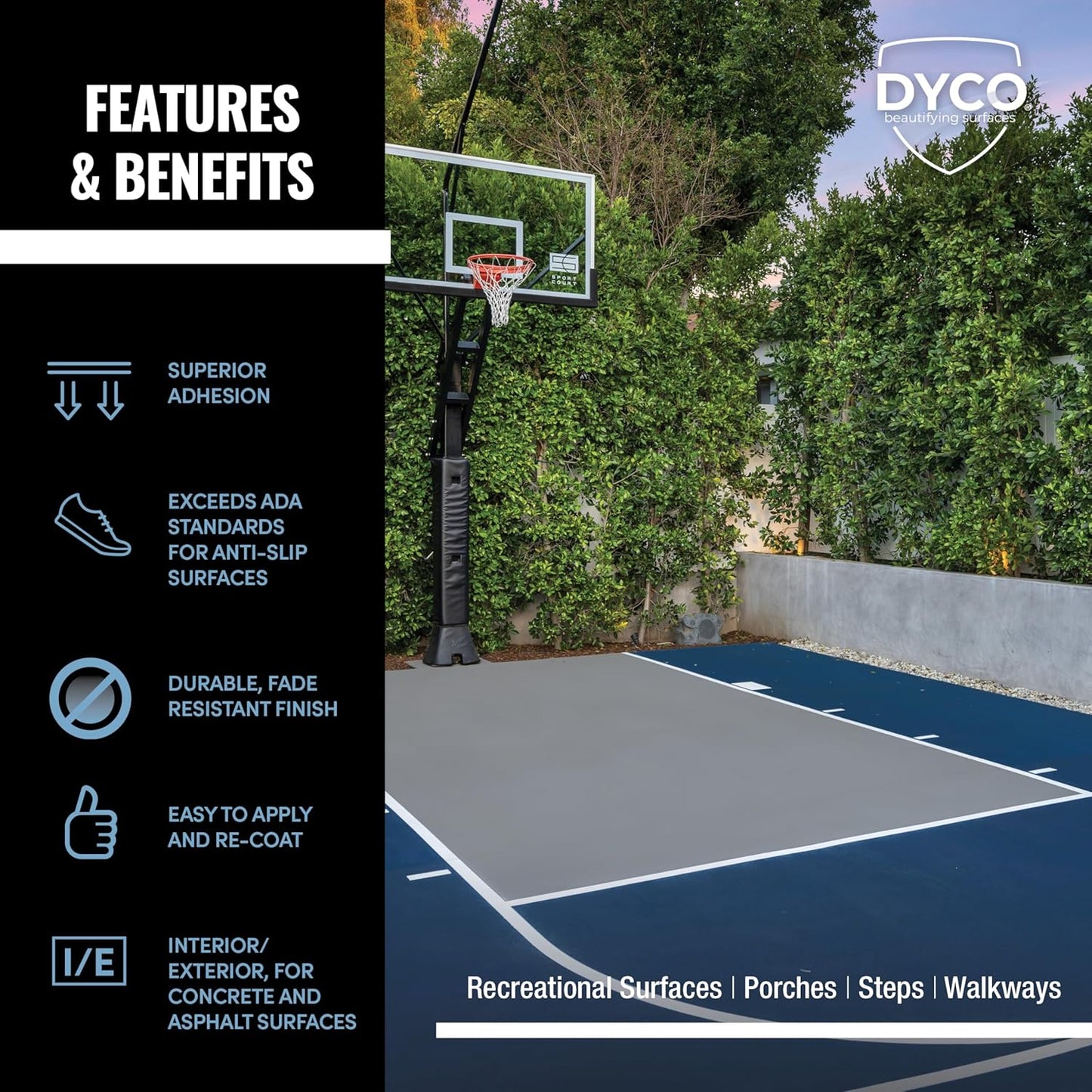 DYCO Court & Floor Anti-Slip Coating - Slip-Resistant Pavement, Cement & Concrete Paint for Pickleball, Tennis & Basketball Courts, Exceeds ADA Standards for Safety Areas (Ash Gray, 1 Gallon)