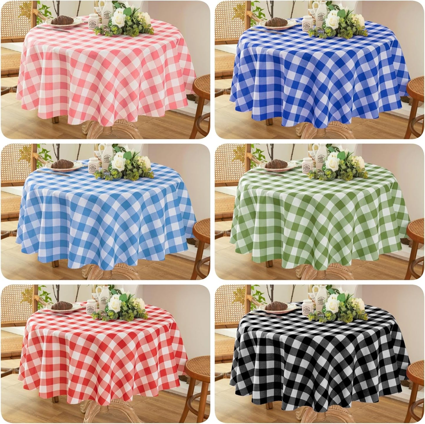 Waterproof Plaid Tablecloth Fabric - Round 120 Inch Classic Gingham Checker Table Cloth for Indoor/Outdoor Use - Buffalo Table Cover for Picnics, BBQs, and Parties