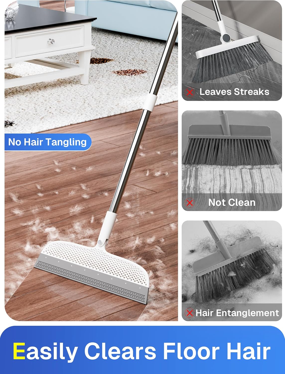 Floor Squeegee & Broom with Long Handle, 180° Rotating Head Silicone Blade Removes Water & Pet Hair | Squeegee for Tile, Shower Glass, Windows, Garage, Deck & Patio