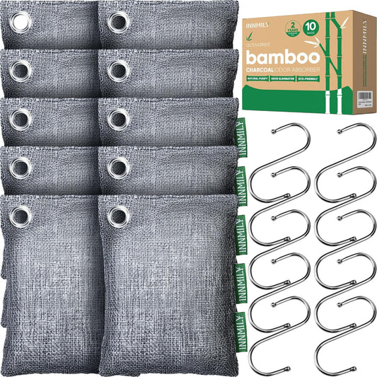 Activated Charcoal Odor Absorber, Large 10 Pack w Hooks Nature Odor Remover for Strong Odor, Bamboo Charcoal Air Purifying Bags, Odor Eliminator for Home Car Closet Pet, Smoke Deodorizer