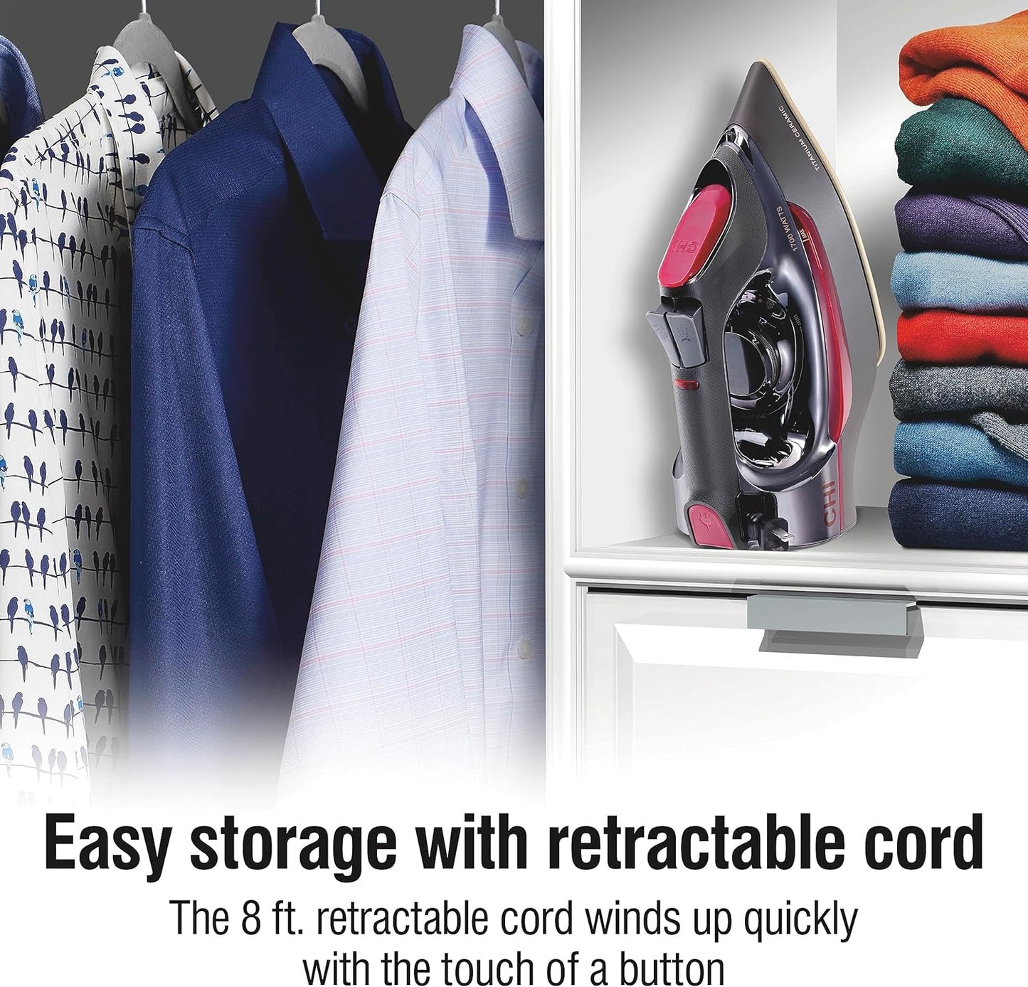 CHI Steam Iron for Clothes with 8’ Retractable Cord, 1700 Watts, 3-Way Auto Shutoff, 400+ Holes, Professional Grade, Temperature Control Dial, Titanium Infused Ceramic Soleplate, Black/Chrome (13109)