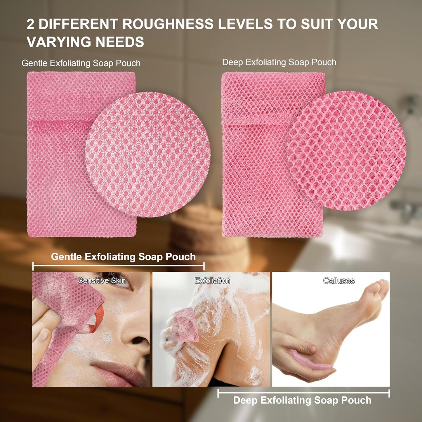 2 Pack Soap Bag Different Roughness Deep and Gentle,Bar Soap Pouch Saver Pocket,Body Scrubber Shower Sponge Loofah,Exfoliating Bath Sponge (Pink)