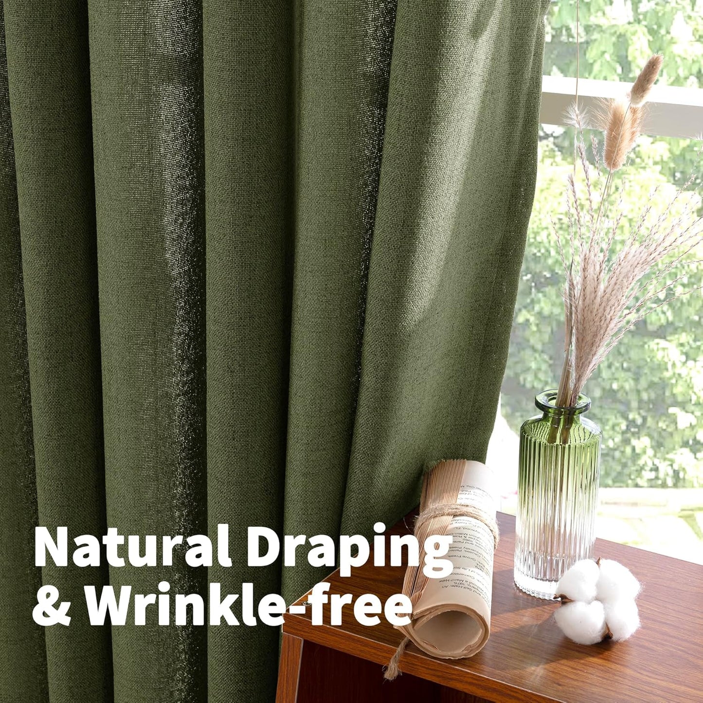 YoungsTex Olive Green Linen Semi Sheer Curtains 72 Inch Length for Living Room, Light Filtering Drape Rod Pocket Back Tab Window Treatment for Bedroom Dining, 2 Panels, 52 X 72 Inch