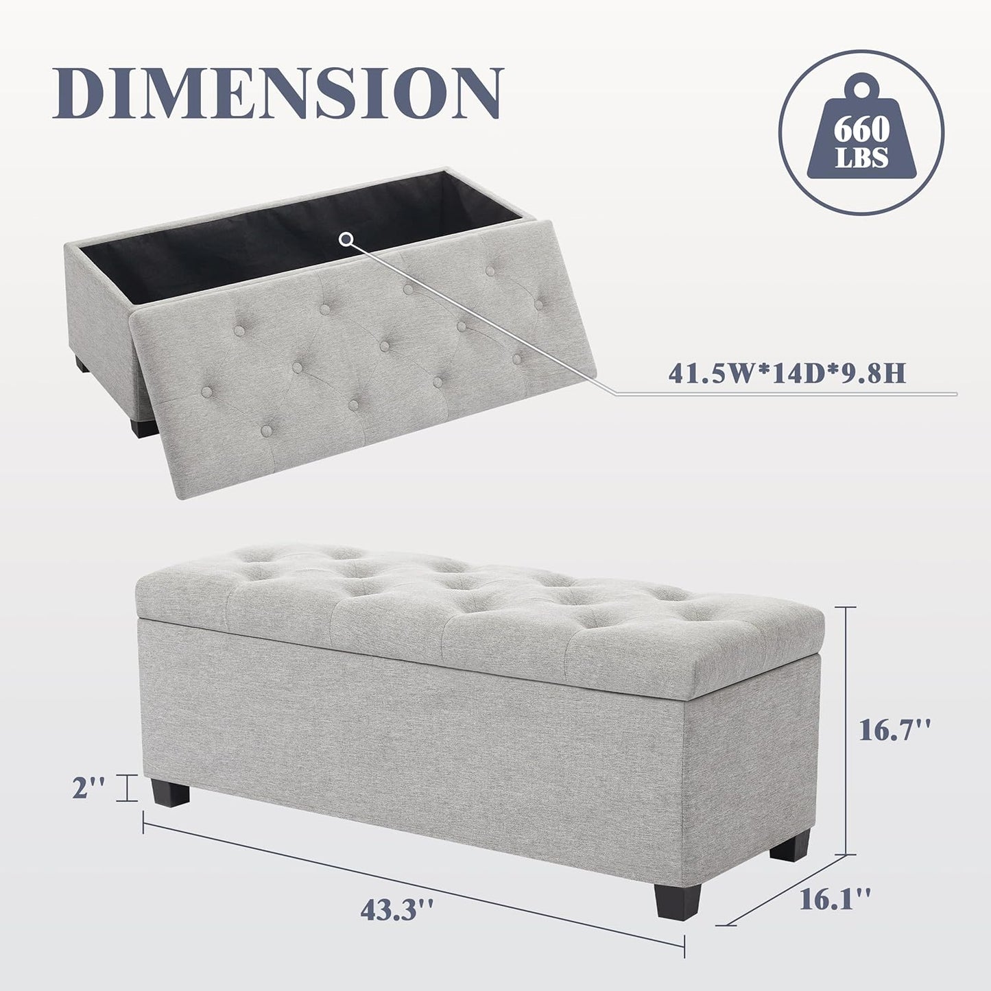 43’’ Storage Ottoman Bench, Linen Entryway Benches Load up to 660 Lb, Modern End of Bed Benches for Bedroom, Ottoman with Storage Bench for Living Room, Light Gray