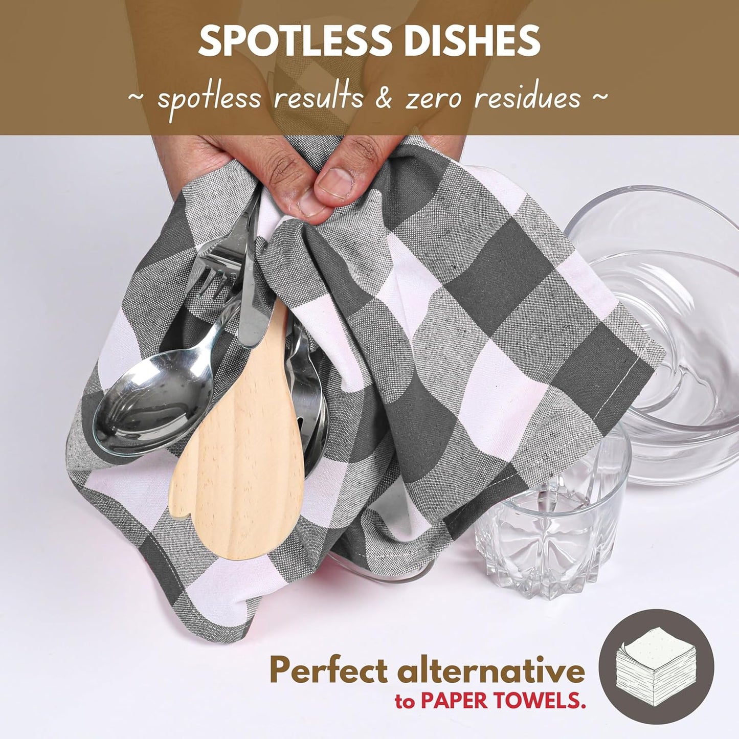 Native Fab 12-Pack Kitchen Towel with Hanging Loop 16x26 inches, Cotton Buffalo Check Kitchen Towels for Cleaning Drying, Washcloths Soft & Absorbent Cloth Rags, Bar Towel, Dish Cloth, Grey