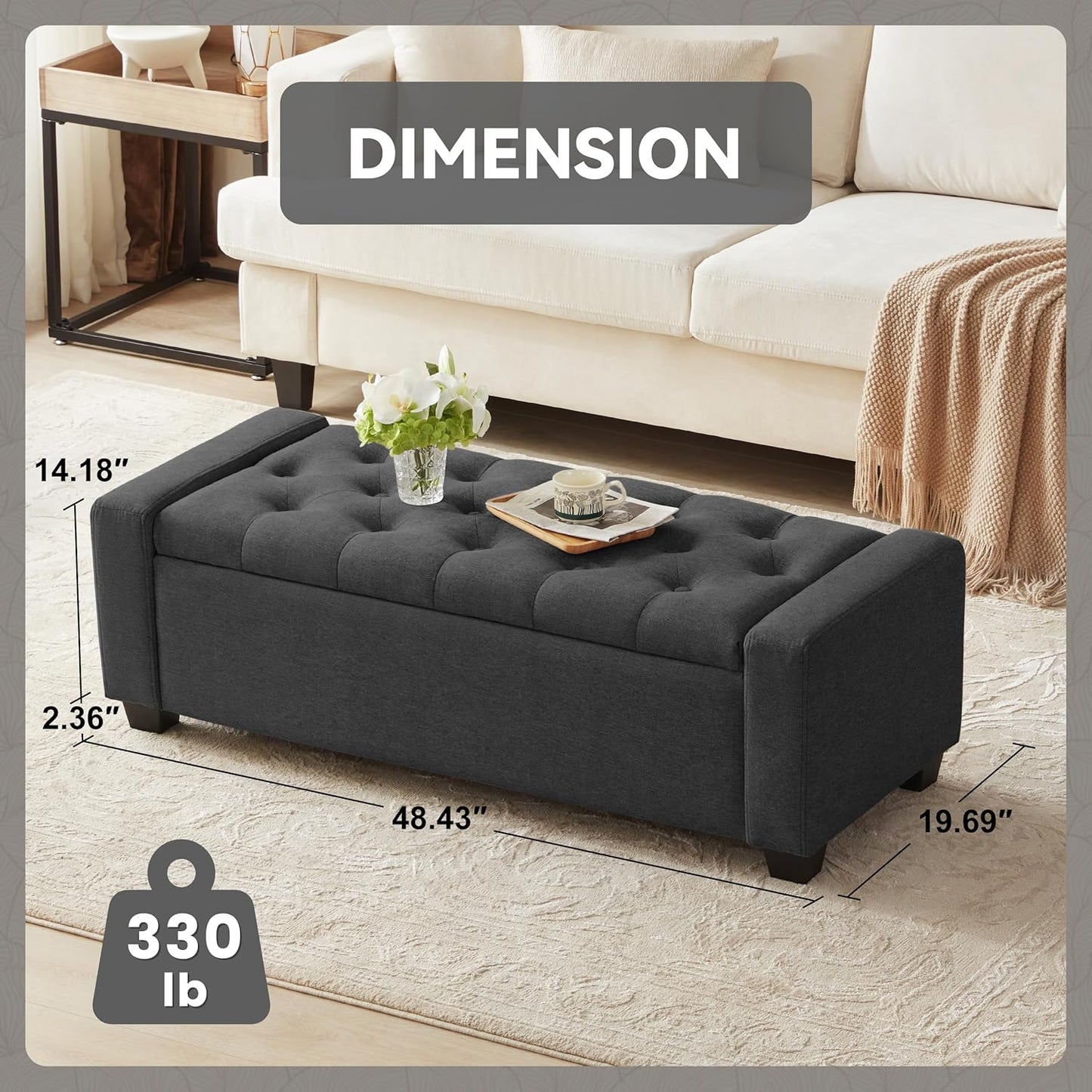 48" Ottoman with Storage, Soft Storage Ottoman Bench for Bedroom, Tufted Upholstered Window Benches, End of Bed Bench for Living Room, Entryway Bench with Seating, Foot Rest, Darkgrey