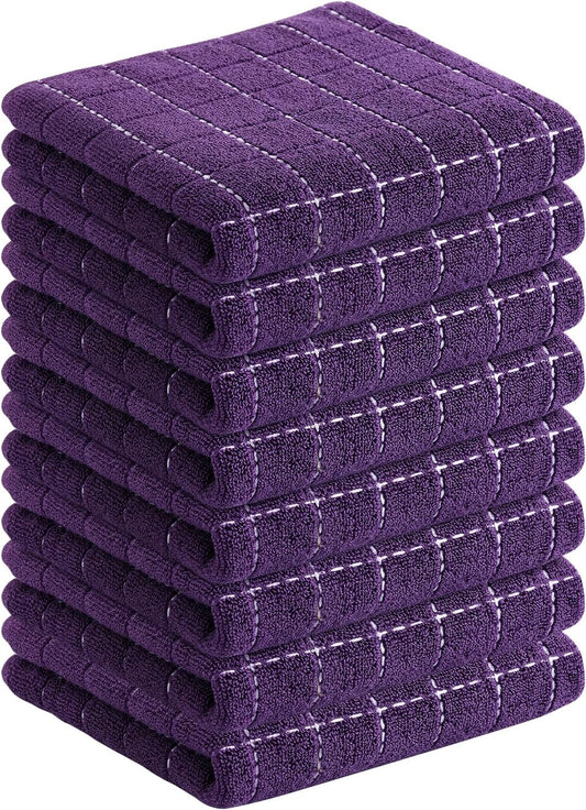 Homaxy 100% Cotton Terry Kitchen Towels(Purple, 13 x 28 inches), Checkered Designed, Soft and Super Absorbent Dish Towels, 8 Pack