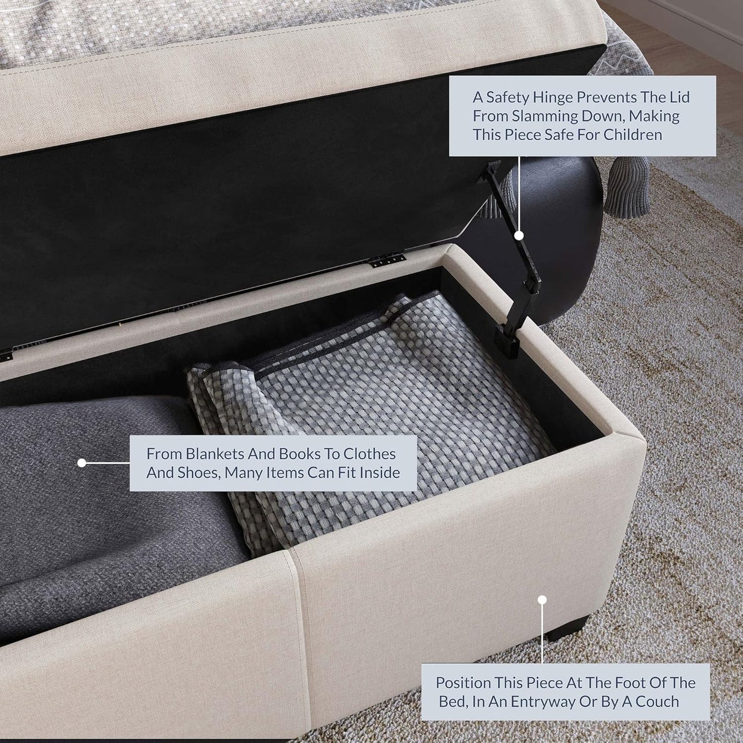 BELLEZE Storage Faux Leather Ottoman, 47 Inch Bench Bedroom Bench with Safety Close Hinge, Extra Long Ottoman with Storage for Living Room, Entryway, Hallway, Foot Rest, Support 300lbs - Beige