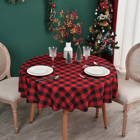 Waterproof Plaid Tablecloth Fabric - Round 58 Inch Classic Gingham Checker Table Cloth for Indoor/Outdoor Use - Buffalo Table Cover for Picnics, BBQs, and Parties