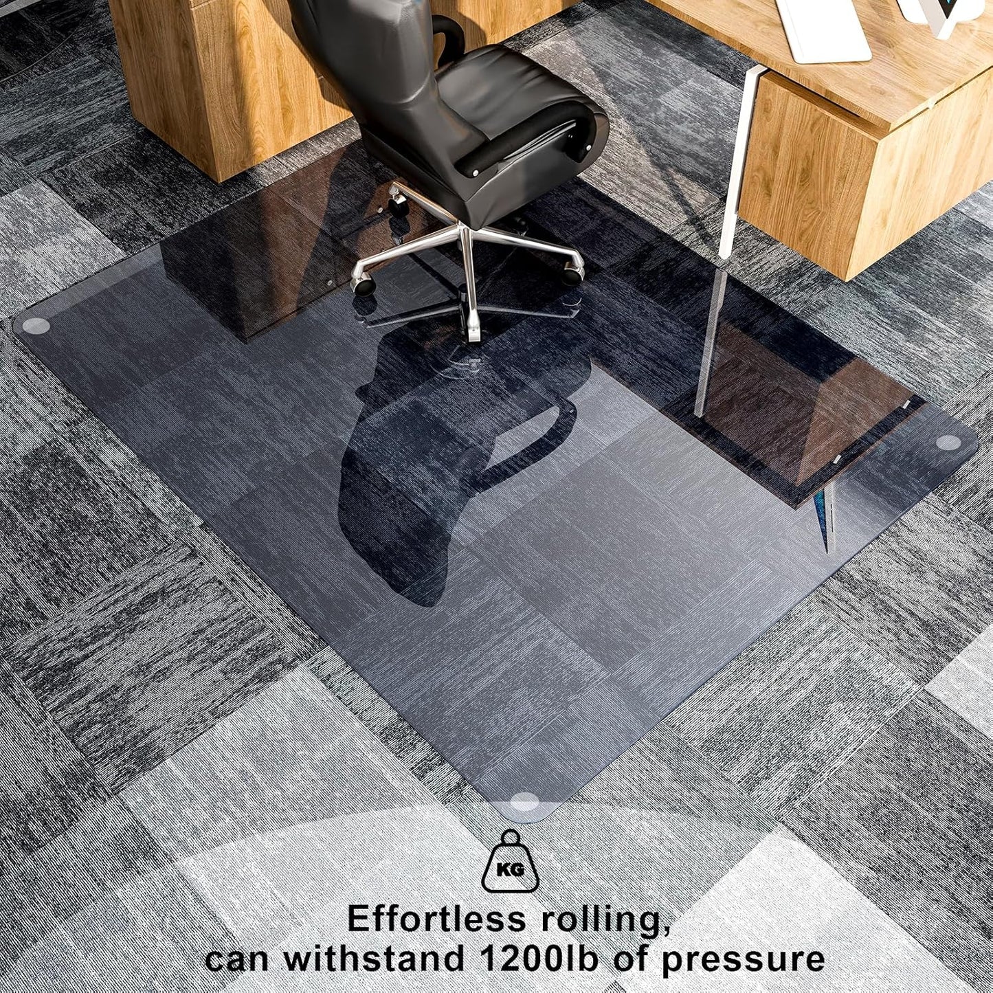 GLSLAND 46" × 55" [Tempered Glass] Chair Mat – Durable Office Chair Mat on Carpet with 0.2" Thickness, 4 Non‑Slip Pads, Sleek & Sturdy Matte Gray Finish, Smooth Glide & Easy Clean, Blue & Grey