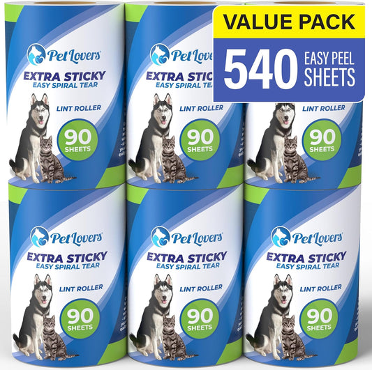 PetLovers Extra Sticky Lint Roller 6 Pack of Refills Only - No Handle Included - 90 Sheets Per Refill 540 Sheets Total