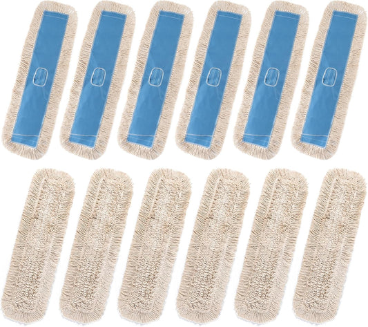 Matthew Cleaning 36'' Industrial Strength Cotton Dust Mop Refill Washable Replacement Heads for Residential & Commercial Use Fit Standard Dust Mop Frames, Hardwood, Concrete Floors Blue&White 12 Pack