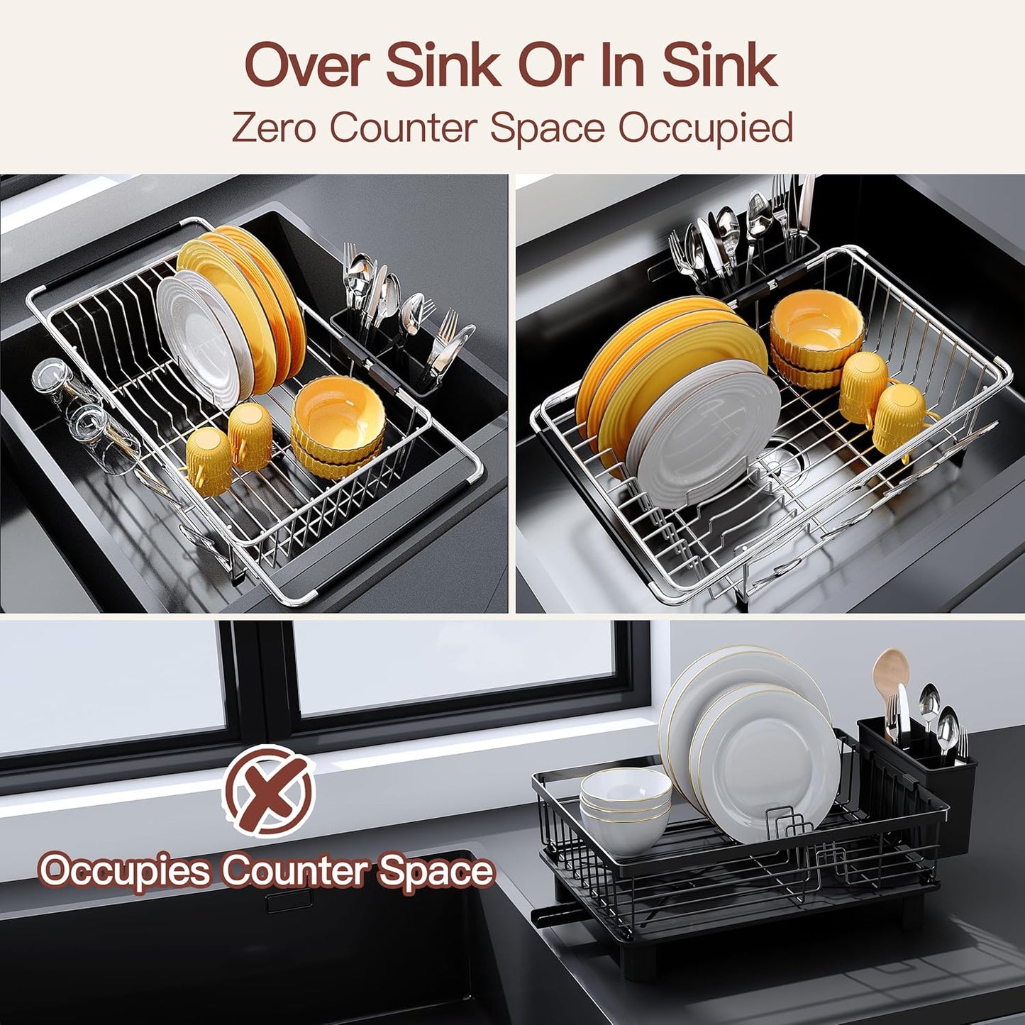 Over the Sink Expandable Dish Drainer Drying Rack In Stainless Steel for Small Kitchen, Counter Space Saving Modern Compact Metal Above Plate Dryer Strainer, Adjustable Hanging Inside Drain Holder