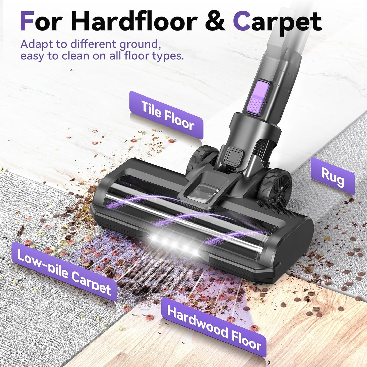 DEVOAC S10 Cordless Vacuum Cleaner, 45Kpa 50mins Lightweight Stick Vacuum with Powerful Suction for Home, Rechargeable, Self-Standing, Handheld Vacuum Cleaners for Hardwood Floors, Carpets Violet