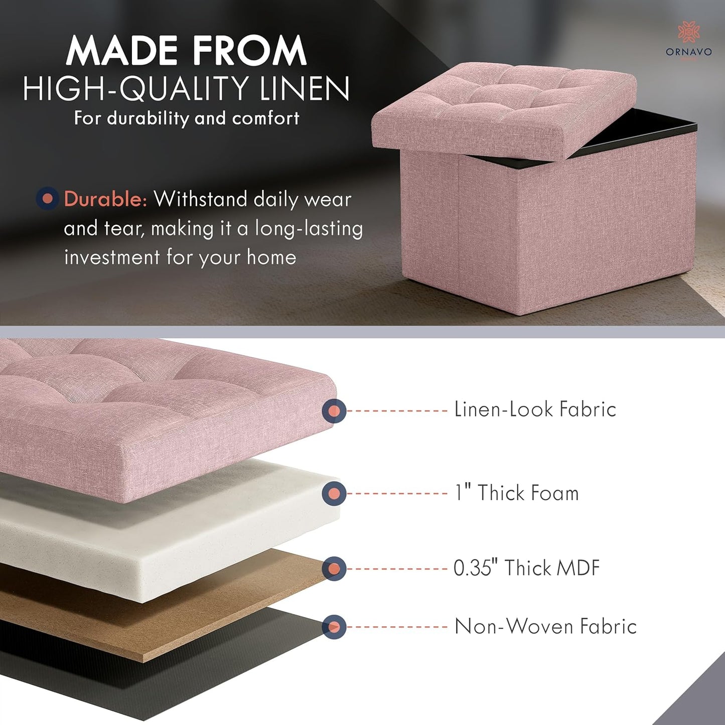 Ornavo Home Small Storage Ottoman Foldable Collapsible Rectangle Linen Ottoman Foot Rest Stool Seat, for Living Room, Bedroom, Home Office, Dorm - 12 x 16 x 12, Pink