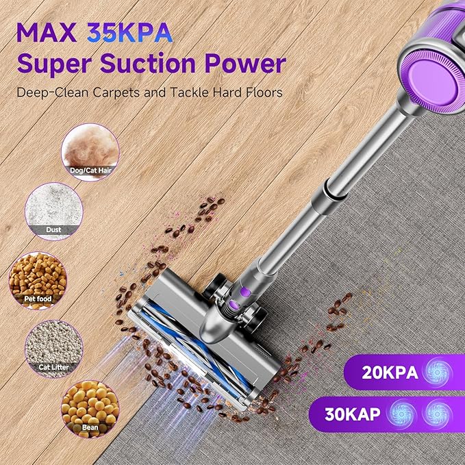 Cordless Vacuum Cleaner, 38Kpa Powerful Stick Vacuum Cleaner with 45mins Rechargeable Battery, LED Anti-Tangle Brush, 8-in-1 Handheld Vacuum Cleaners for Home/Pet Hair/Carpets/Floors, Purple